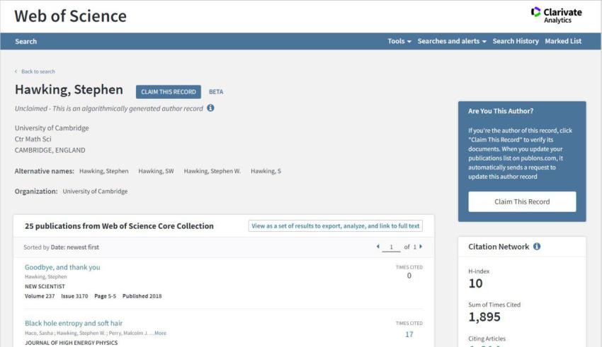 Всередині профілю автора у Web of Science 